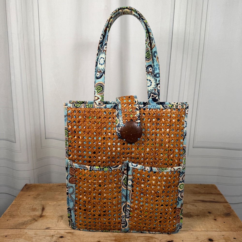 Vera Bradley Bali Blue Tiki Tote Rattan Straw Beach Bag Retired 2009 - Picture 3 of 16